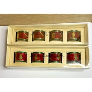 Pier 1 Imports Holiday Napkin Rings Gold Red & Green Enamel Deer & Trees Set of8